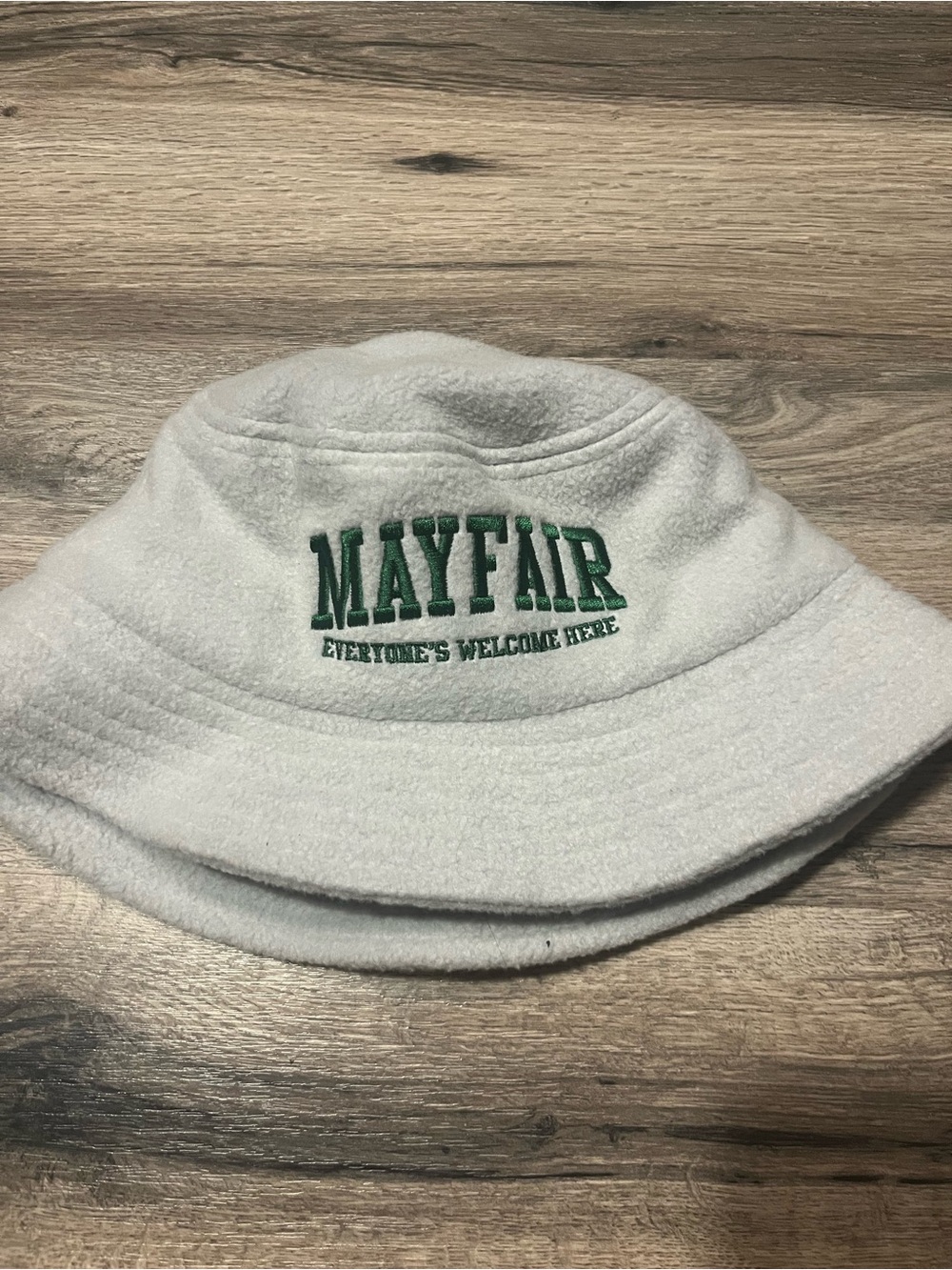 Mayfair White Fleece Bucket Hat with Green Embroidery